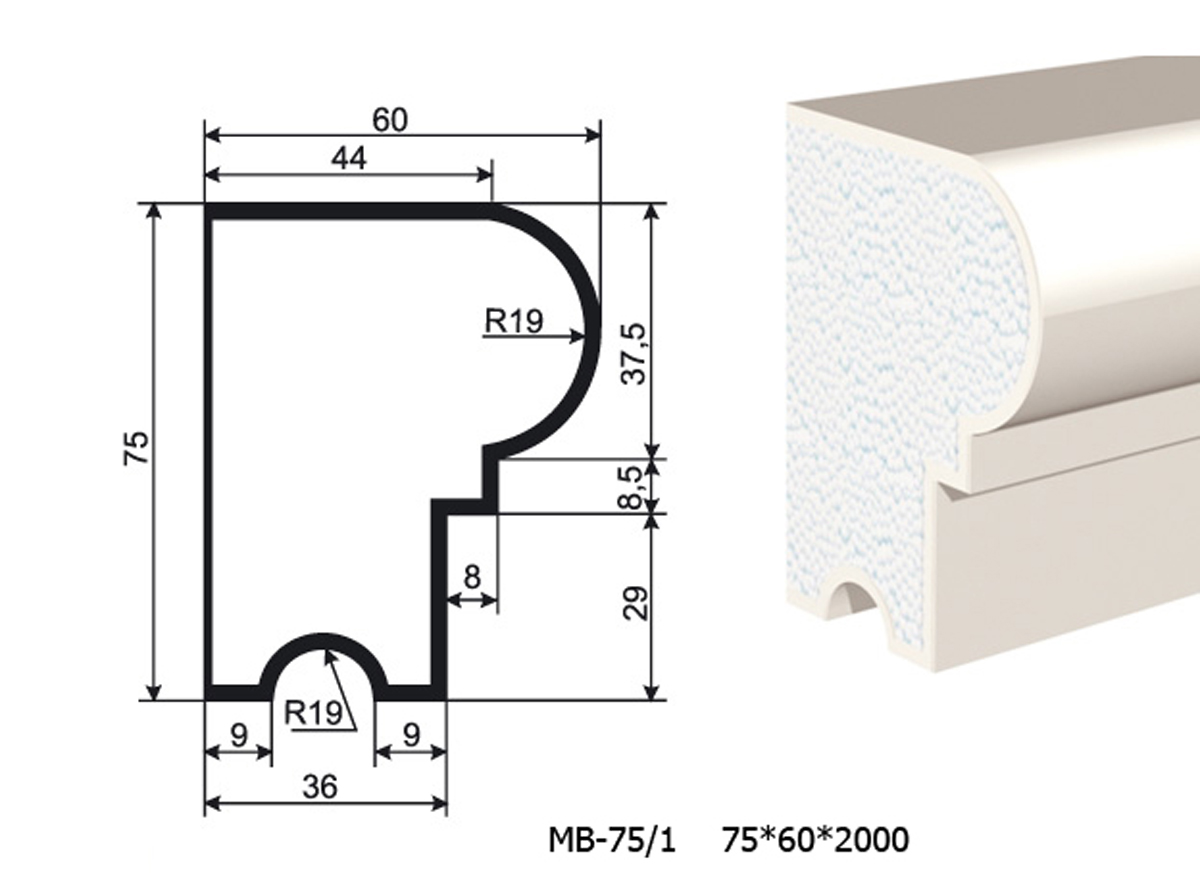 Молдинг для фасада - лепнина, декор из пенополистирола МВ-75/1 (МС-102) 75*60*2000 мм