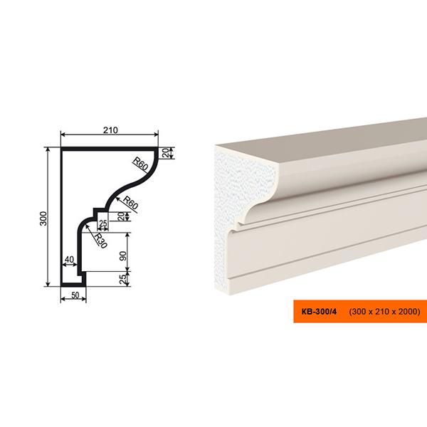 КАРНИЗ для Фасада и Интерьера - лепнина, декор из пенополистирола КВ-300/4 300*210*2000 мм