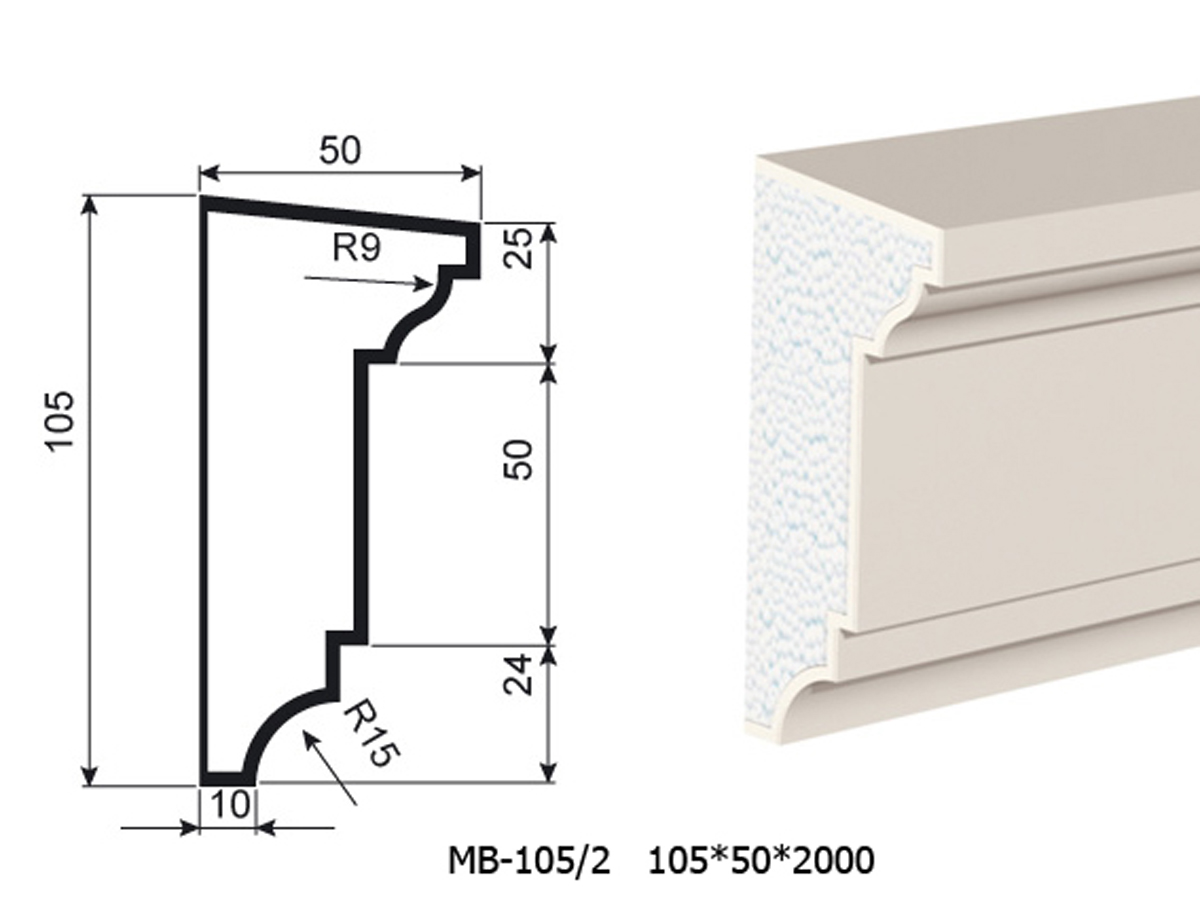 Молдинг для фасада - лепнина, декор из пенополистирола МВ-105/2 105*50*2000 мм