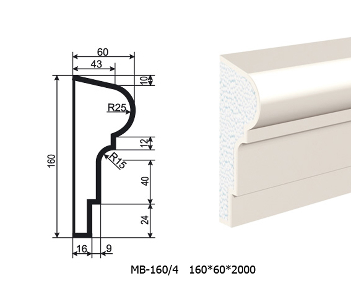 Молдинг для фасада - лепнина, декор из пенополистирола МВ-160/4 (МС-130) 160*60*2000 мм