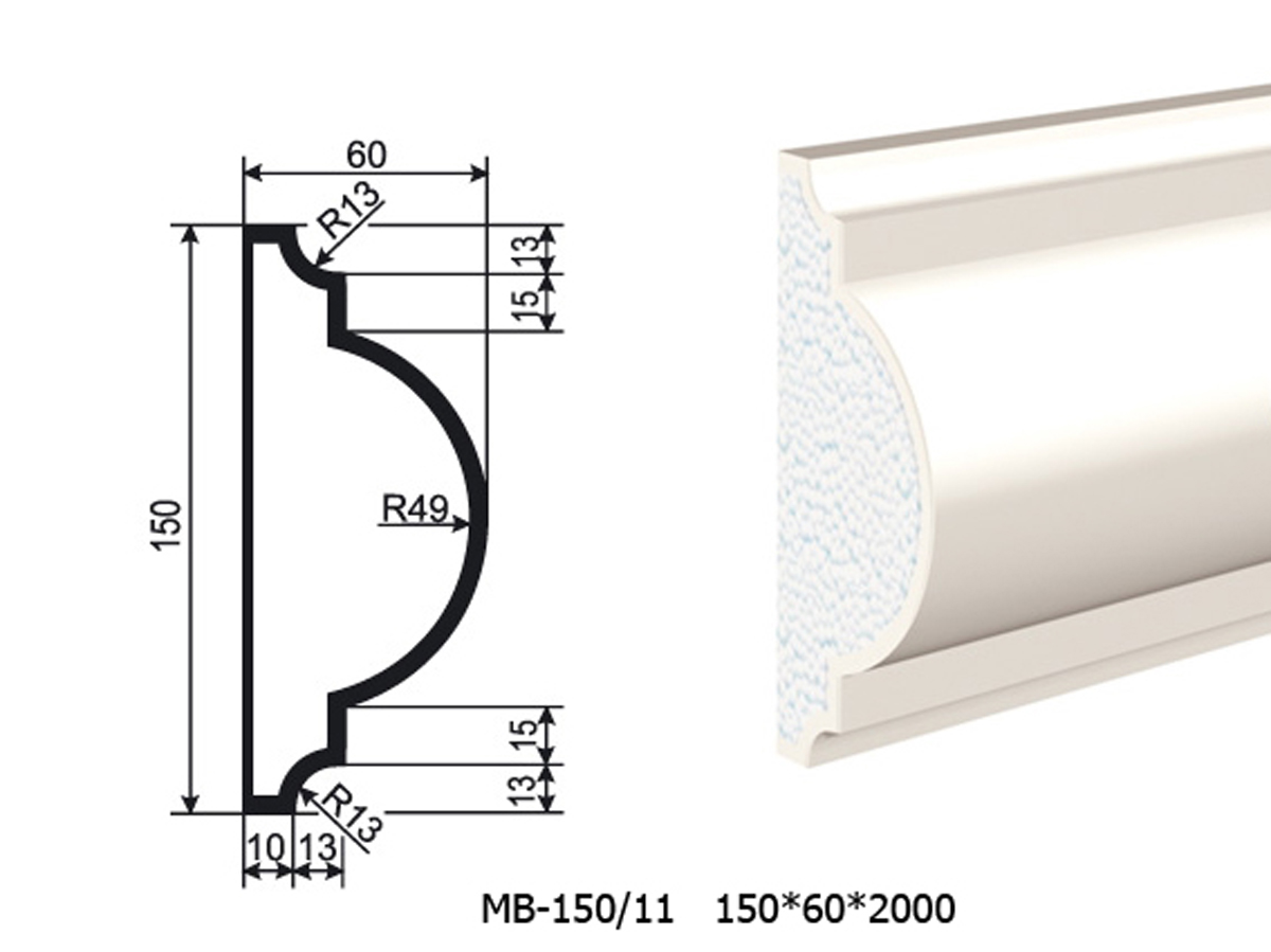 Молдинг для фасада - лепнина, декор из пенополистирола МВ-150/11 150*60*2000 мм