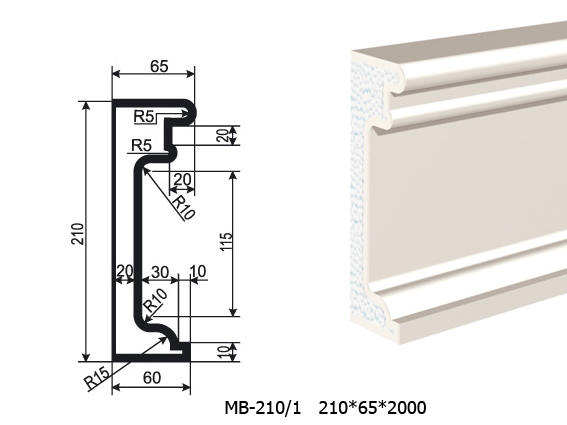 Молдинг для фасада - лепнина, декор из пенополистирола МВ-210/1 210*65*2000 мм