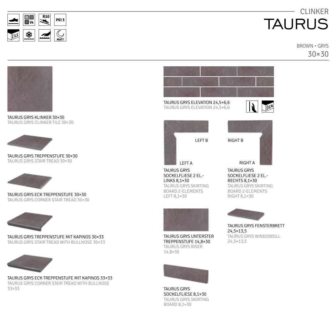 Taurus Grys угловая клинкерная ступень с насечками 300x300x11 мм