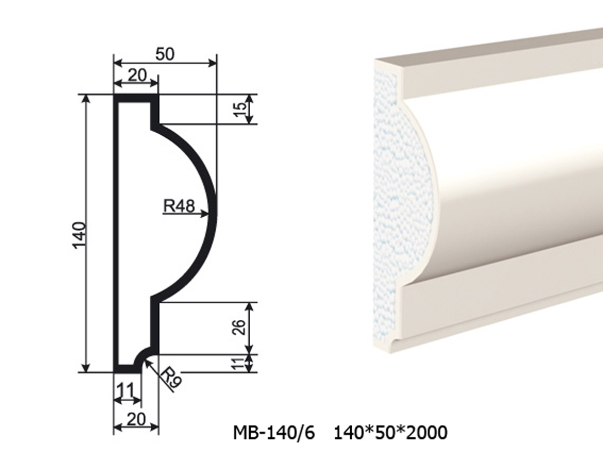 Молдинг для фасада - лепнина, декор из пенополистирола МВ-140/6 140*50*2000 мм
