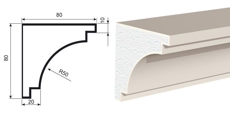 КАРНИЗ для Фасада и Интерьера - лепнина, декор из пенополистирола КВ-80/1 80*80*2000 мм