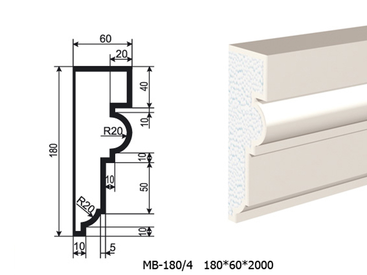 Молдинг для фасада - лепнина, декор из пенополистирола МВ-180/4 180*60*2000 мм