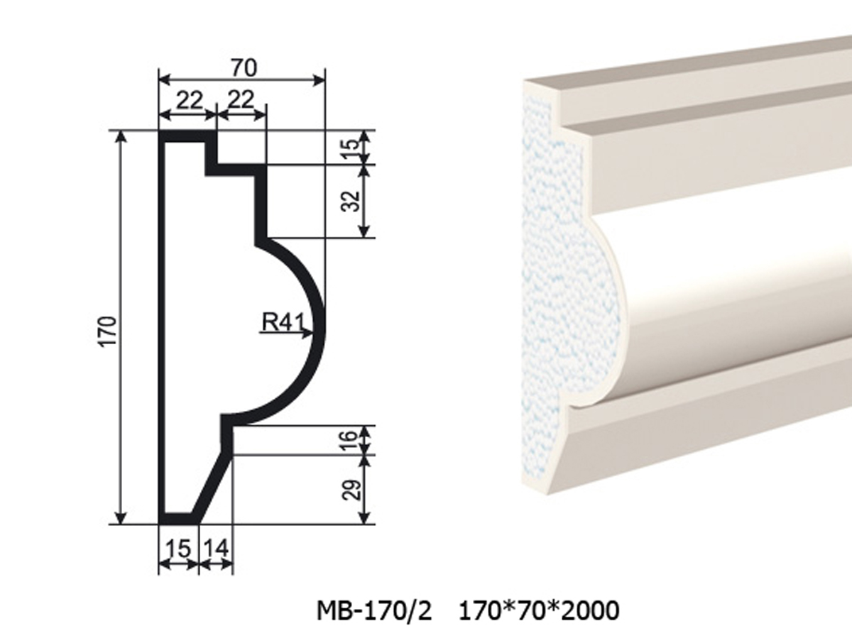 Молдинг для фасада - лепнина, декор из пенополистирола МВ-170/2 МС-133) 170*70*2000 мм