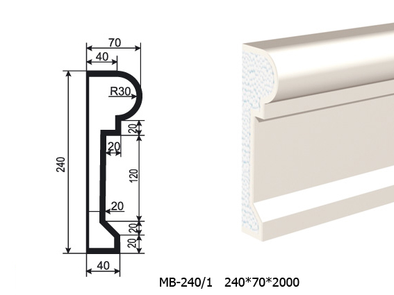 Молдинг для фасада - лепнина, декор из пенополистирола МВ-240/1 (МС-141) 240*70*2000 мм