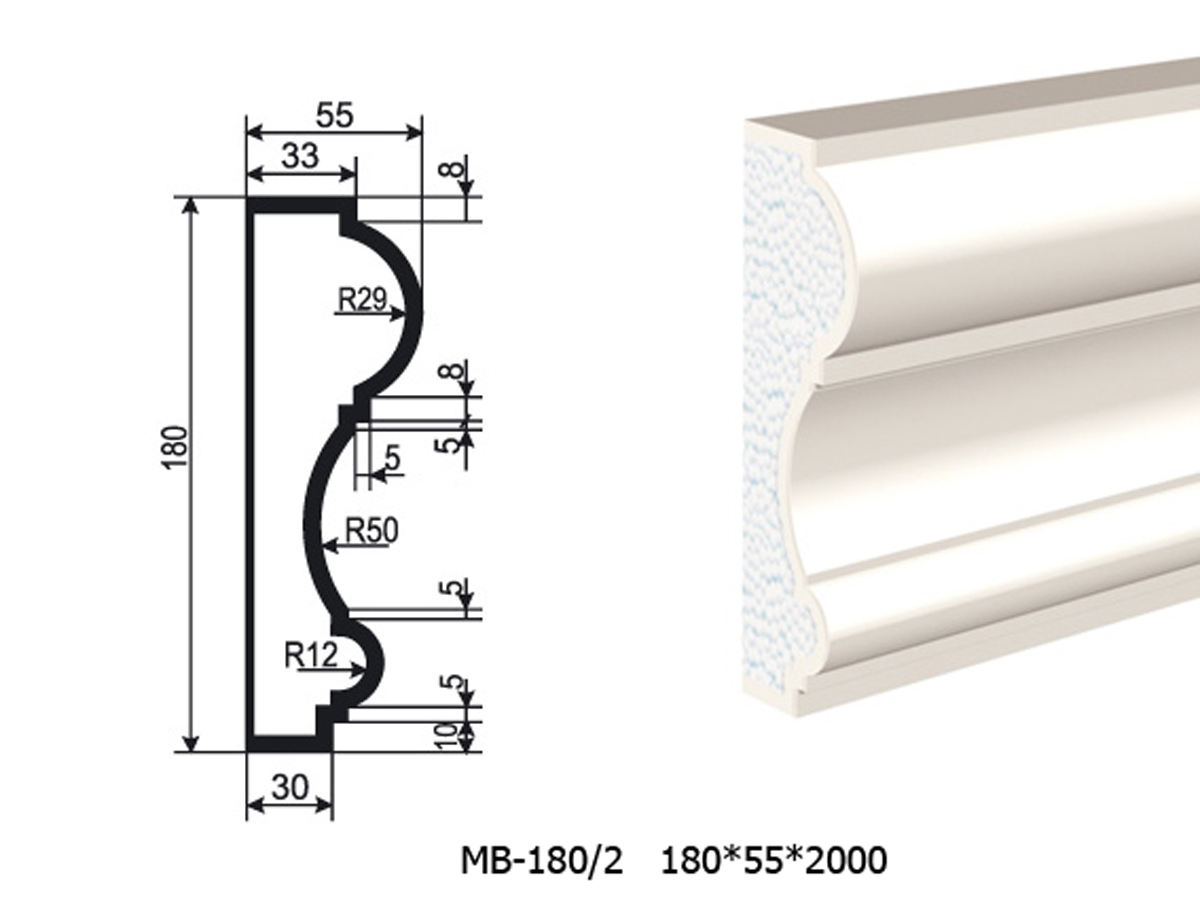 Молдинг для фасада - лепнина, декор из пенополистирола МВ-180/2 180*55*2000 мм
