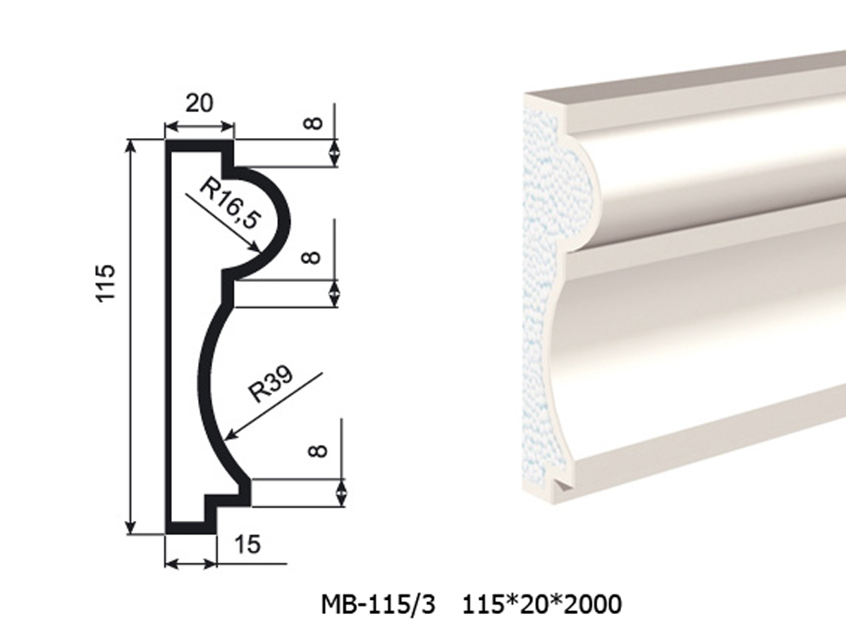 Молдинг для фасада - лепнина, декор из пенополистирола МВ-115/3 115*35*2000 мм
