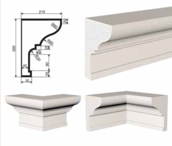 КАРНИЗ для Фасада и Интерьера - лепнина, декор из пенополистирола КВ-300/4 300*210*2000 мм