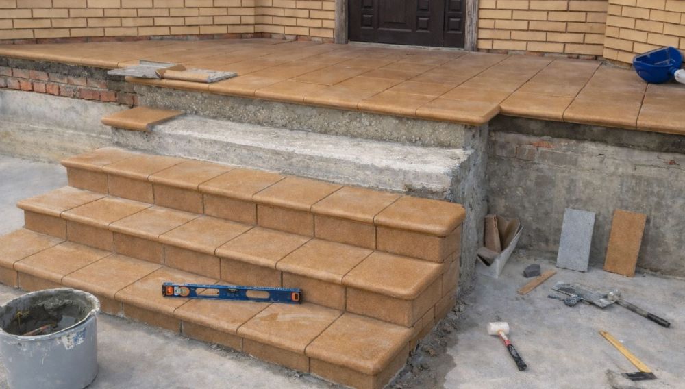 Монтаж ступеней Florentiner из ультрабетона на крыльце