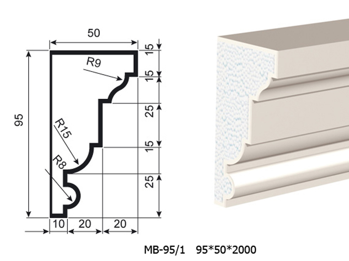 Молдинг для фасада - лепнина, декор из пенополистирола МВ-95/1 95*50*2000 мм