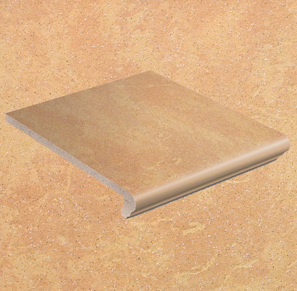 Клинкерная ступень флорентинер противоскользящая плитка Stroeher KERAPLATTE ROCCIA 834 giallo 340*294*12 мм