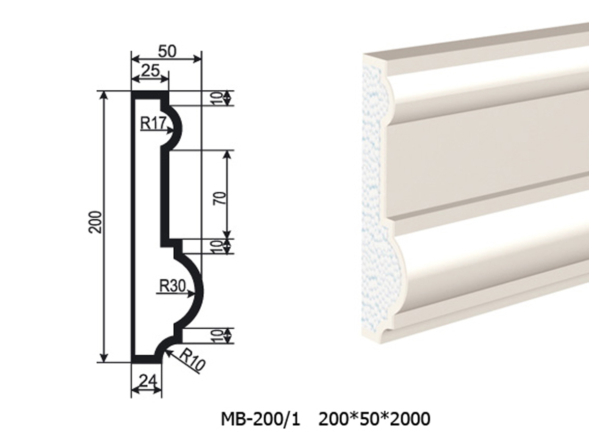 Молдинг для фасада - лепнина, декор из пенополистирола МВ-200/1 200*50*2000 мм