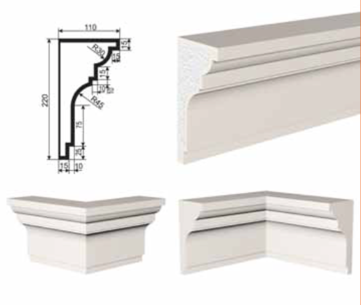 КАРНИЗ для Фасада и Интерьера - лепнина, декор из пенополистирола КВ-220/3 (КС-125) 220*110*2000 мм