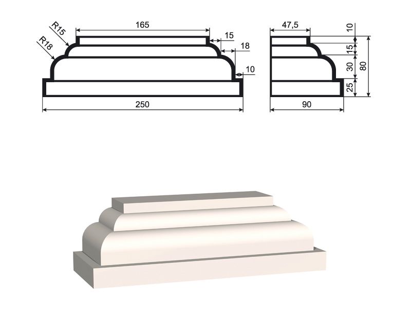 150/6 База пилястры для фасада - лепнина, декор из пенополистирола ПЛВ-150/6 90*75*250 мм