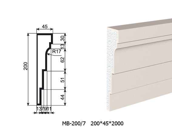 Молдинг для фасада - лепнина, декор из пенополистирола МВ-200/7 200*45*2000 мм