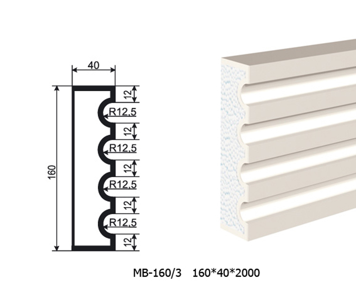 Молдинг для фасада - лепнина, декор из пенополистирола МВ-160/3 ( МС-163) 160*40*2000 мм