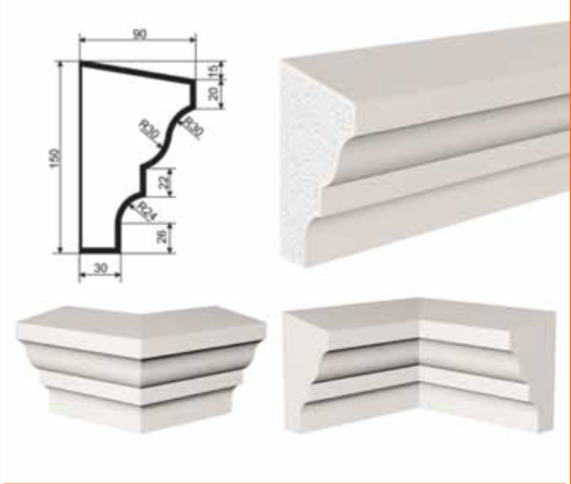 КАРНИЗ для Фасада и Интерьера - лепнина, декор из пенополистирола КВ-150/3 150*90*2000 мм