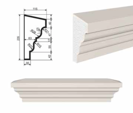 ПОДОКОННИК для Фасада и Интерьера - лепнина, декор из пенополистирола ПВ-235/1 235*115*2000 мм