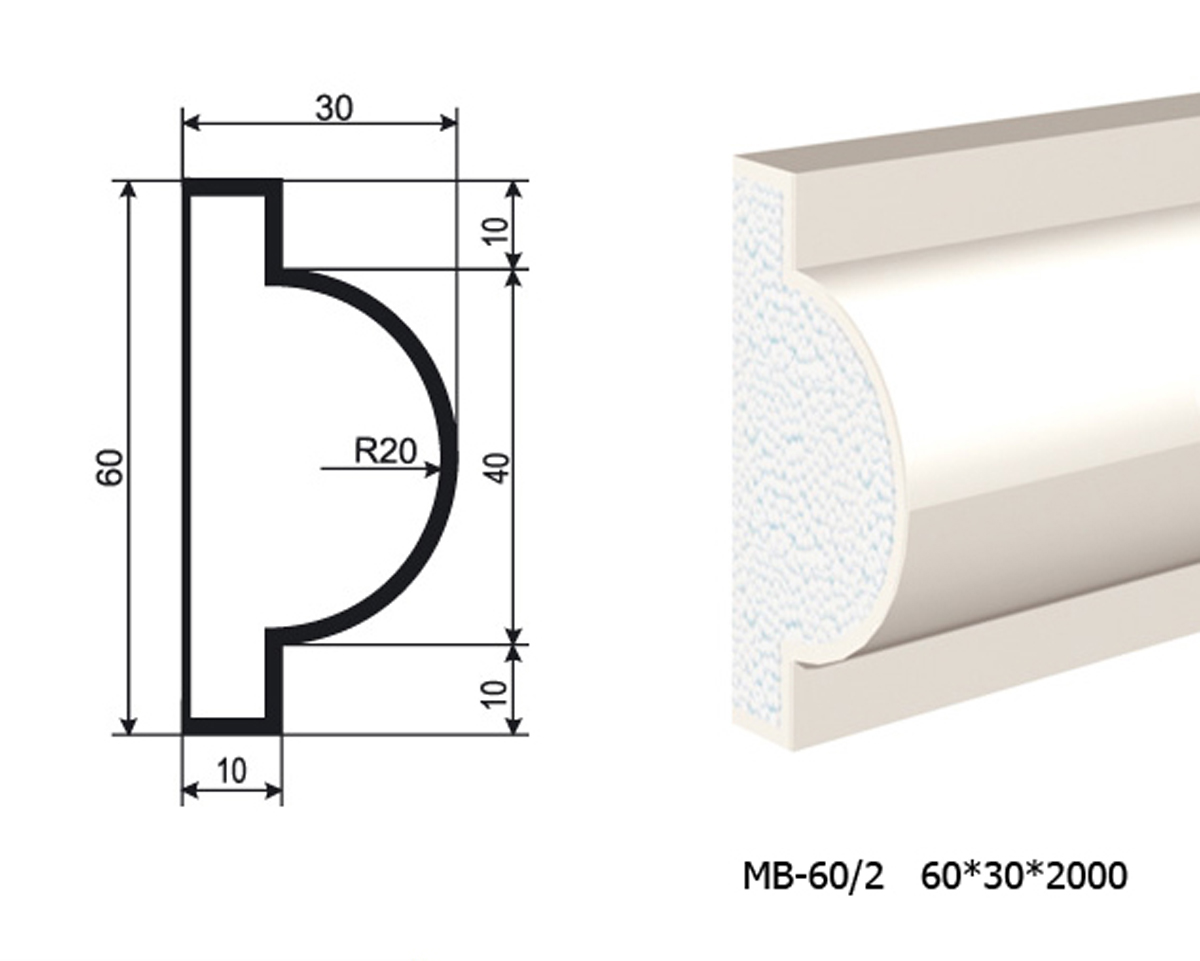 Молдинг для фасада - лепнина, декор из пенополистирола МВ-60/2 60*30*2000 мм