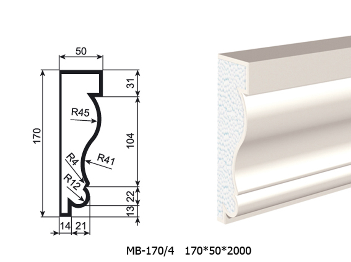 Молдинг для фасада - лепнина, декор из пенополистирола МВ-170/4 170*50*2000 мм