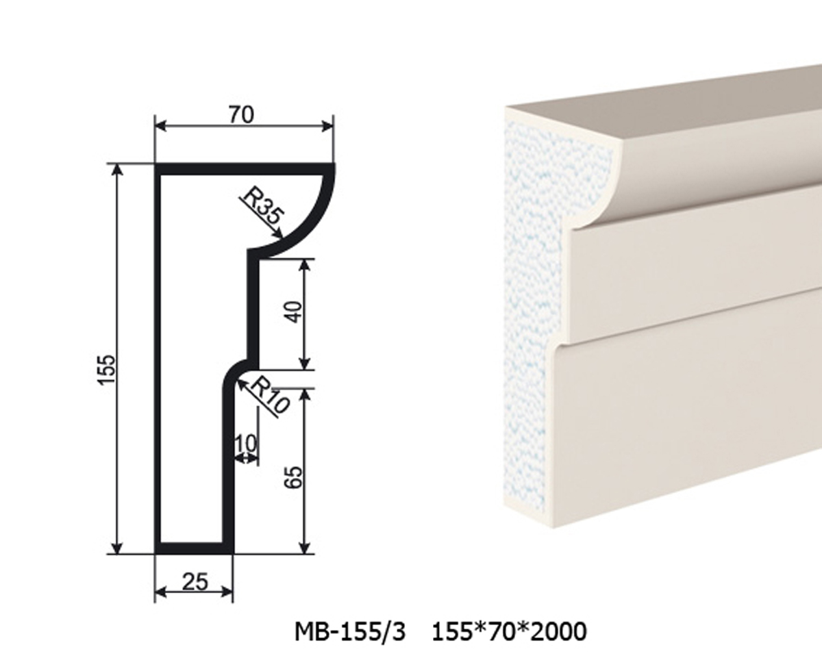 Молдинг для фасада - лепнина, декор из пенополистирола МВ-155/3 155*70*2000 мм