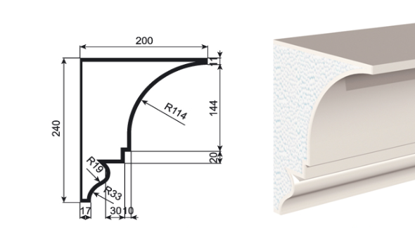 КАРНИЗ для Фасада и Интерьера - лепнина, декор из пенополистирола КВ-240/3 240*200*2000 мм