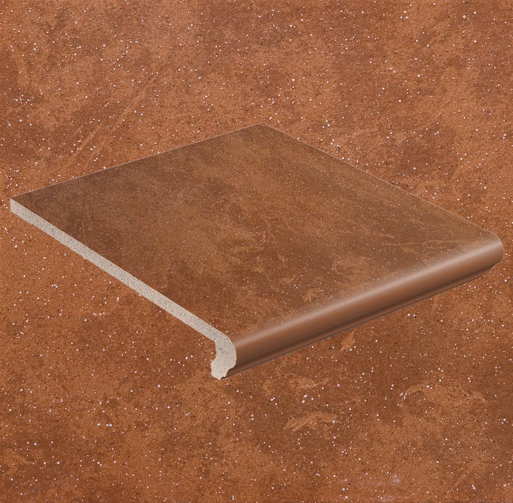 Клинкерная ступень флорентинер противоскользящая плитка Stroeher KERAPLATTE ROCCIA 841 rosso 340*294*12 мм