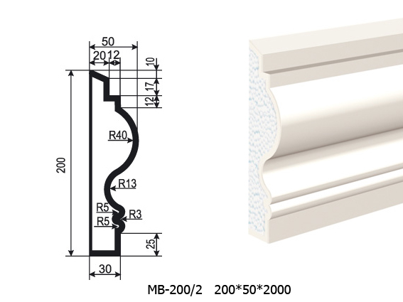 Молдинг для фасада - лепнина, декор из пенополистирола МВ-200/2 200*50*2000 мм