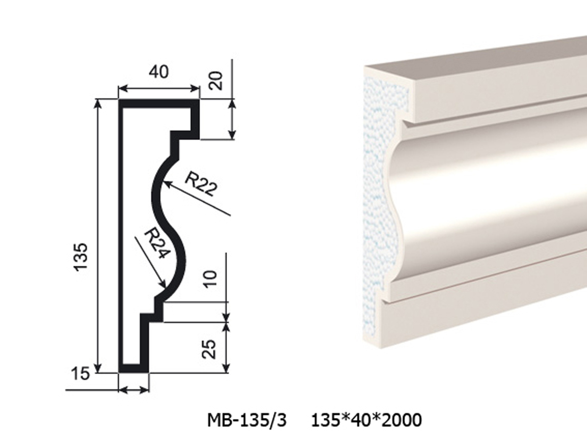 Молдинг для фасада - лепнина, декор из пенополистирола МВ-135/3 135*40*2000 мм