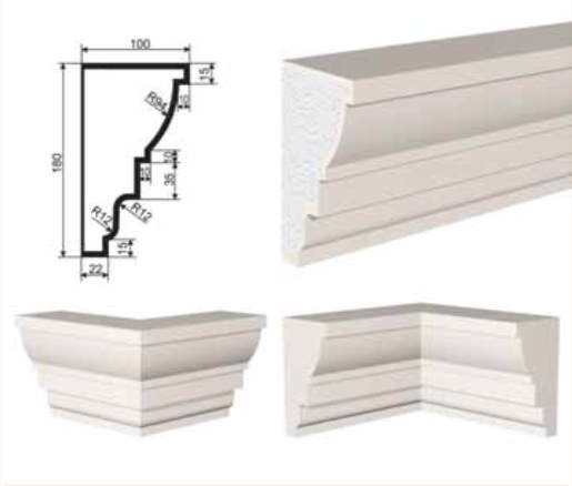 КАРНИЗ для Фасада и Интерьера - лепнина, декор из пенополистирола КВ-180/3 180*100*2000 мм