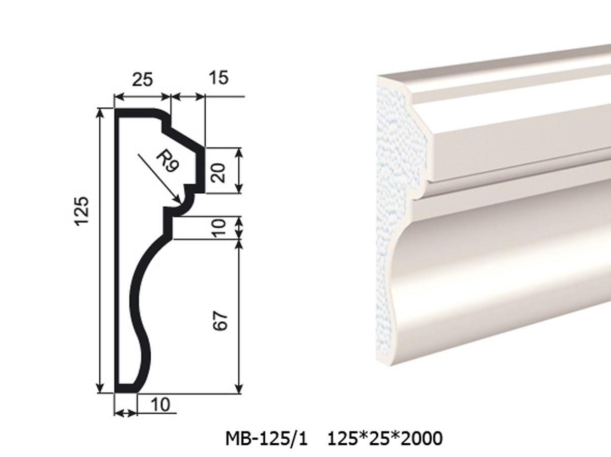 Молдинг для фасада - лепнина, декор из пенополистирола МВ-125/1 125*40*2000 мм