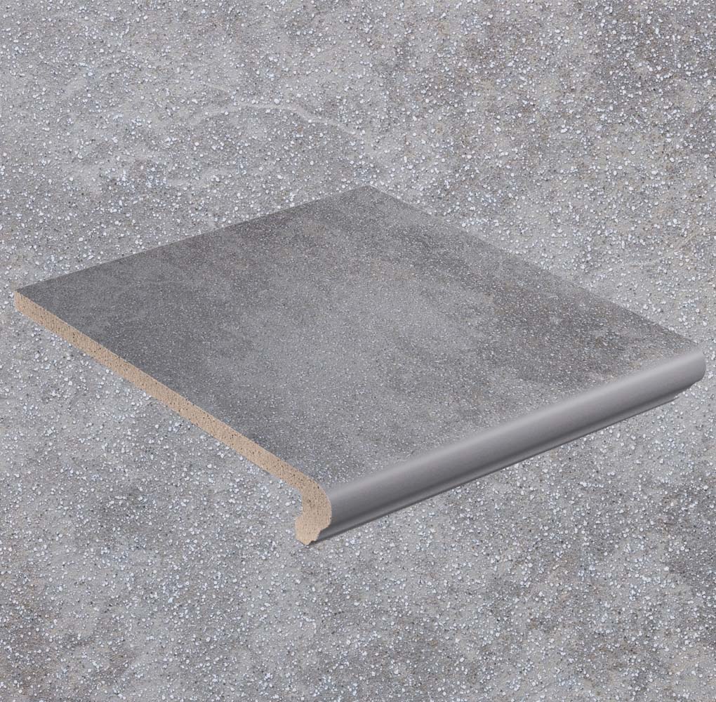 Клинкерная ступень флорентинер противоскользящая плитка Stroeher KERAPLATTE ROCCIA 840 grigio 340*294*12 мм