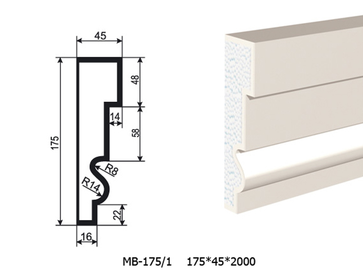 Молдинг для фасада - лепнина, декор из пенополистирола МВ-175/1 (МС-134) 175*45*2000 мм