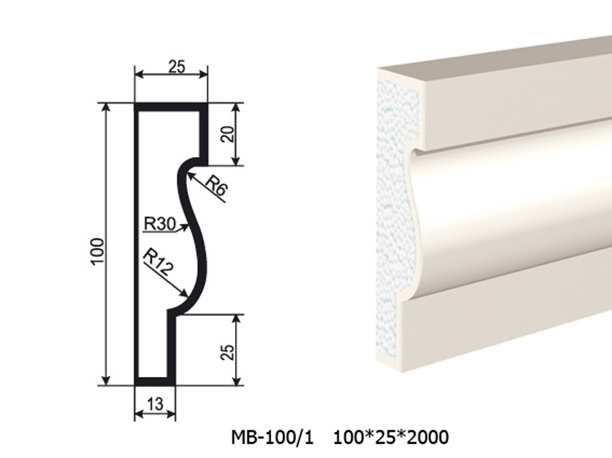 Молдинг для фасада - лепнина, декор из пенополистирола МВ-100/1 (МС-107) 100*25*2000 мм