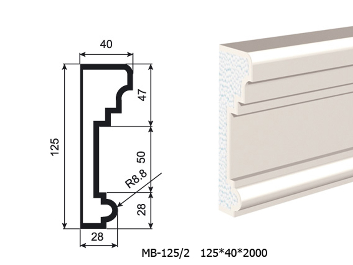 Молдинг для фасада - лепнина, декор из пенополистирола МВ-125/2 125*40*2000 мм