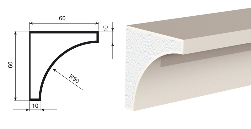 КАРНИЗ для Фасада и Интерьера - лепнина, декор из пенополистирола КВ-60/1 60*60*2000 мм