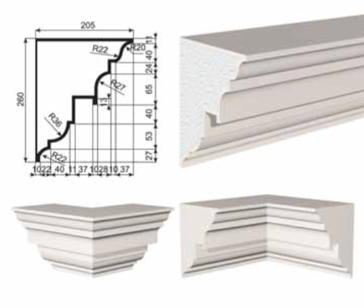 КАРНИЗ для Фасада и Интерьера - лепнина, декор из пенополистирола КВ-260/1 260*205*2000 мм