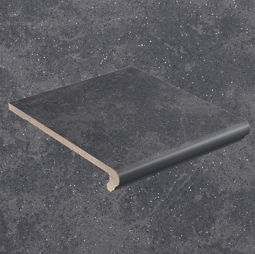 Клинкерная ступень флорентинер противоскользящая плитка Stroeher KERAPLATTE ROCCIA 845 nero 340*294*12 мм