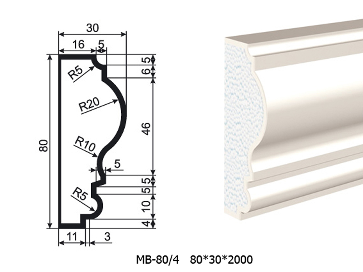 Молдинг для фасада - лепнина, декор из пенополистирола МВ-80/4 80*30*2000 мм