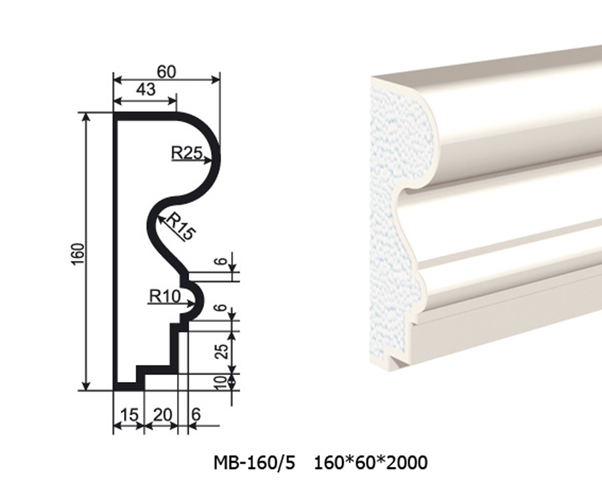 Молдинг для фасада - лепнина, декор из пенополистирола МВ-160/5 160*60*2000 мм