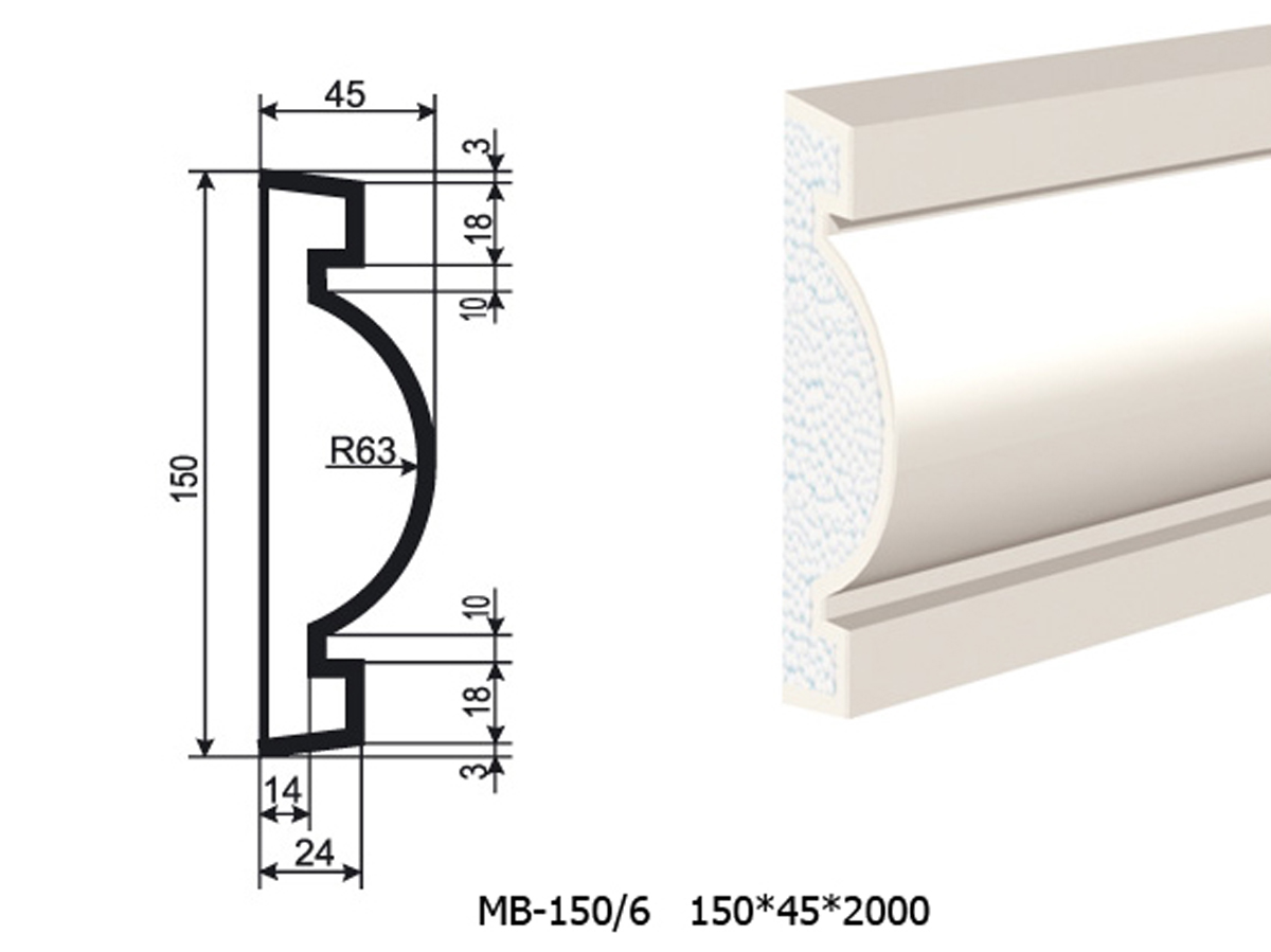 Молдинг для фасада - лепнина, декор из пенополистирола МВ-150/6 (МС-127) 150*45*2000 мм