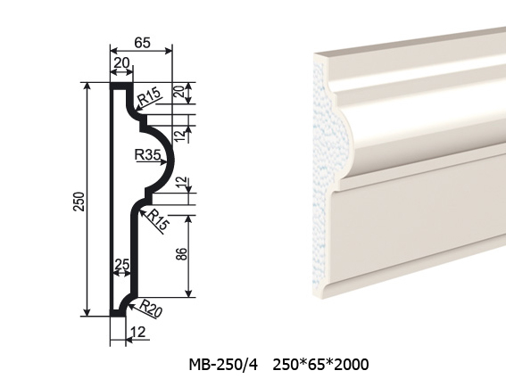 Молдинг для фасада - лепнина, декор из пенополистирола МВ-250/4 250*65*2000 мм