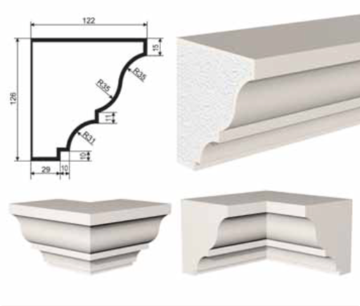 КАРНИЗ для Фасада и Интерьера - лепнина, декор из пенополистирола КВ-126/1 126*122*2000 мм