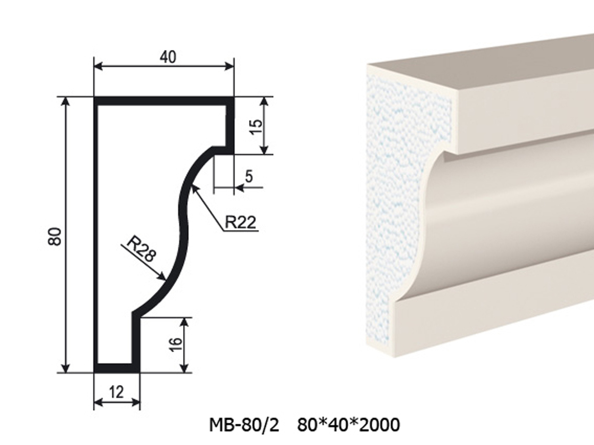 Молдинг для фасада - лепнина, декор из пенополистирола МВ-80/2 80*40*2000 мм
