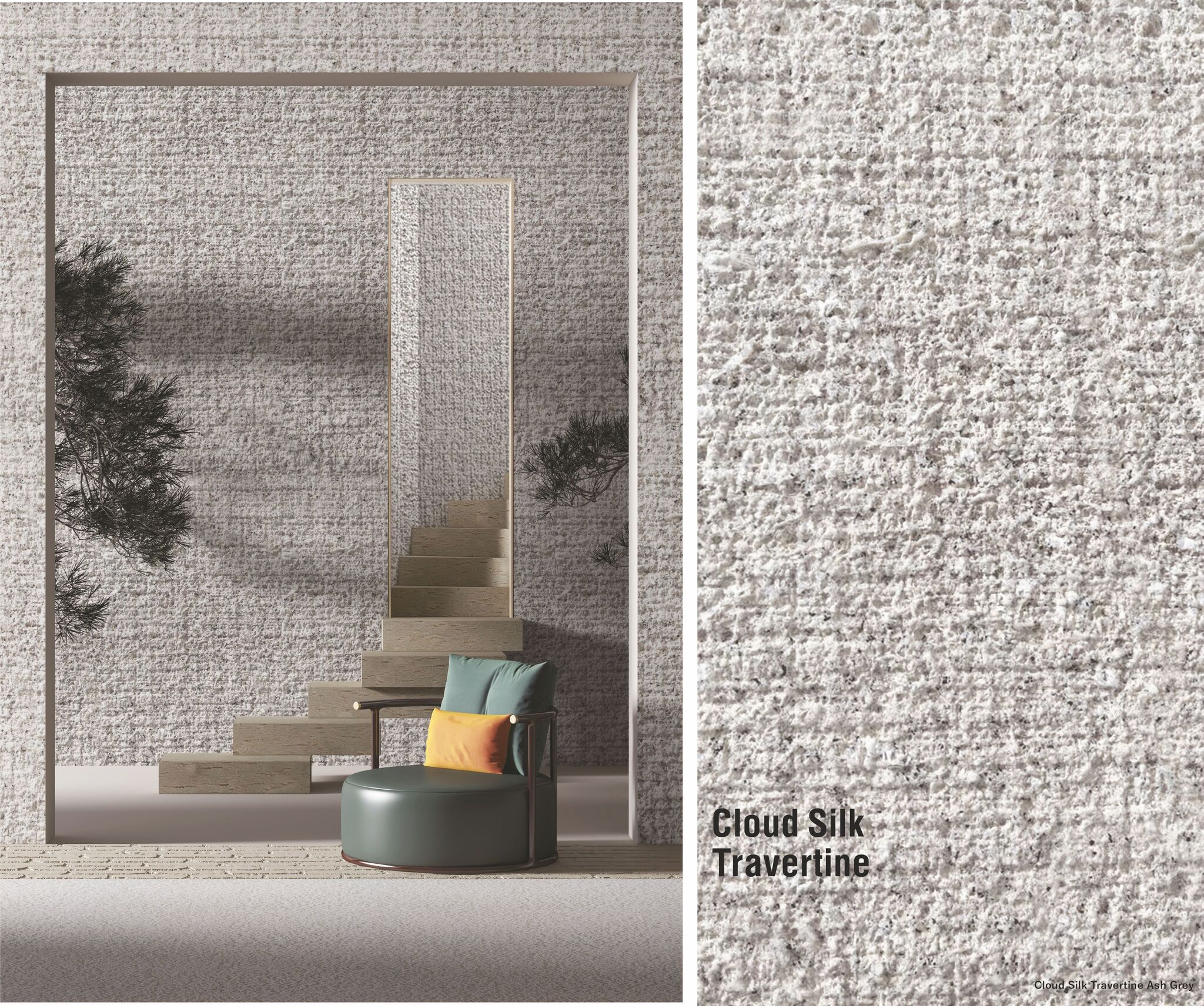 Cloud Silk Travertine Ash Grey (светло-серый травертин с мягкой шелковистой текстурой) — гибкий камень 1200×600 мм