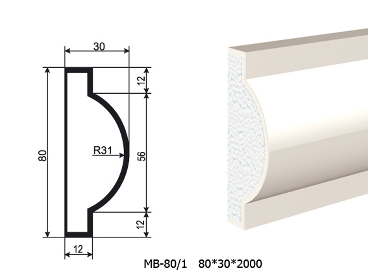 Молдинг для фасада - лепнина, декор из пенополистирола МВ-80/1 (МС-103) 80*30*2000 мм