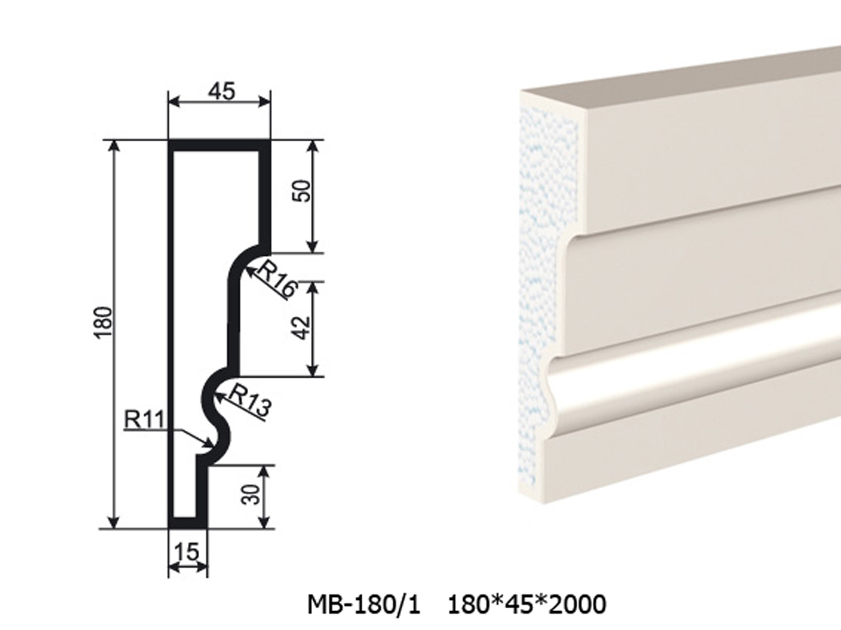 Молдинг для фасада - лепнина, декор из пенополистирола МВ-180/1 (МС-135) 180*45*2000 мм